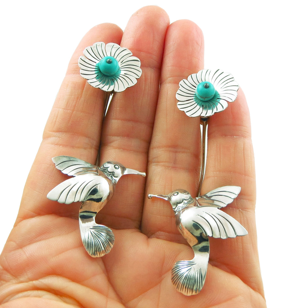 Long Handmade 925 Sterling Silver Mexican Hummingbird and Flower Earrings