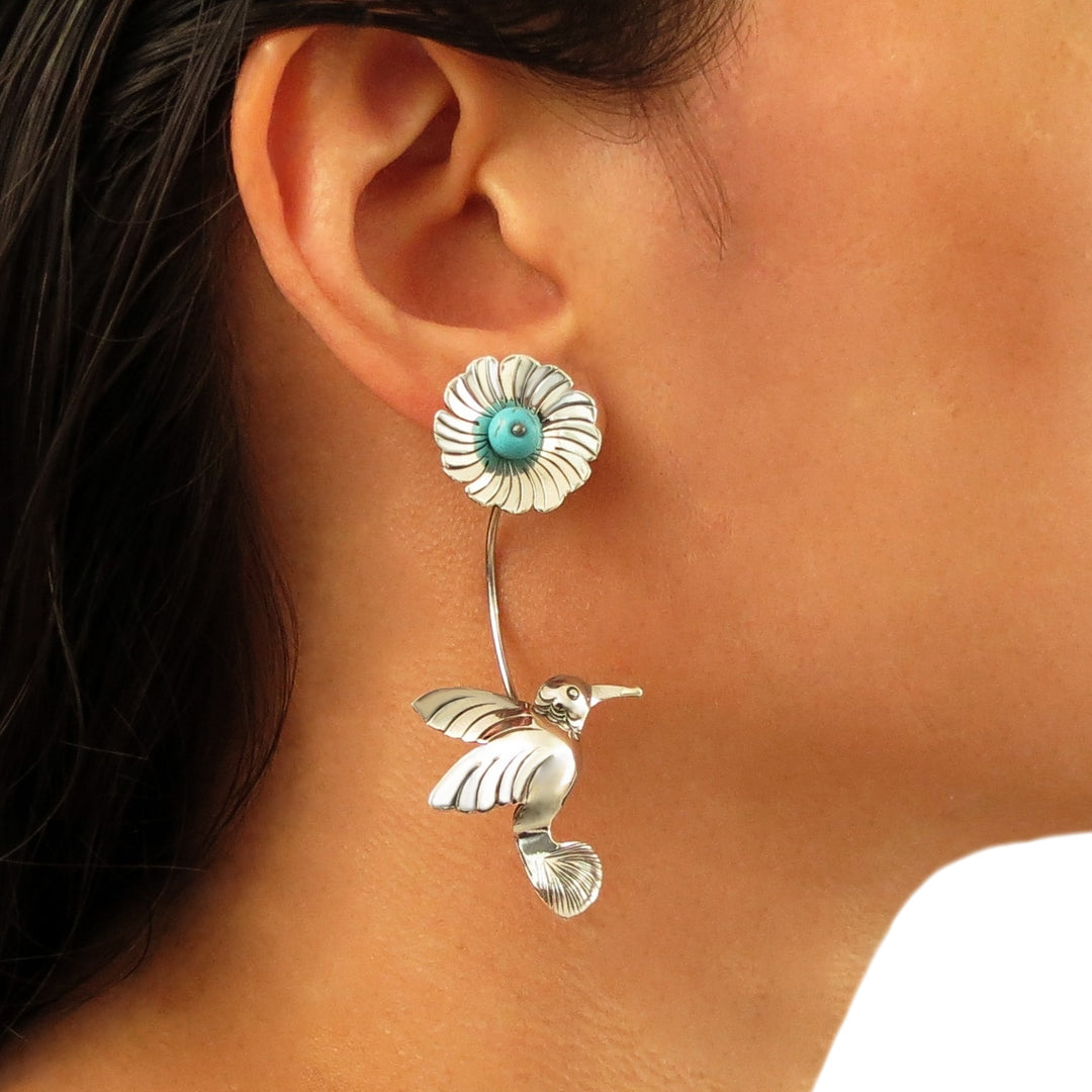 Long Handmade 925 Sterling Silver Mexican Hummingbird and Flower Earrings