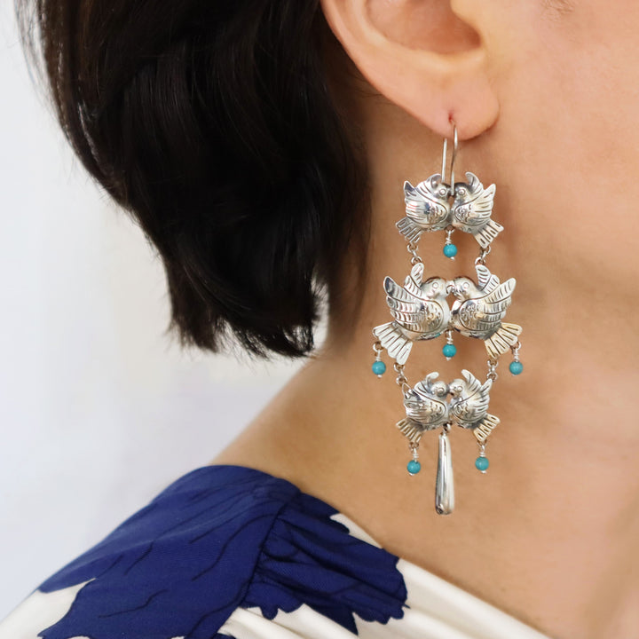 Maria Belen Chandelier Sterling Silver Lovebird Earrings