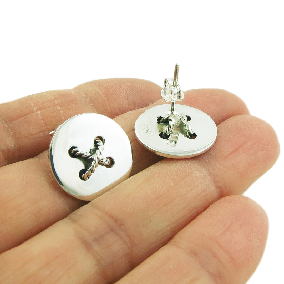 Buttons 925 Sterling Silver Sewing Design Earrings
