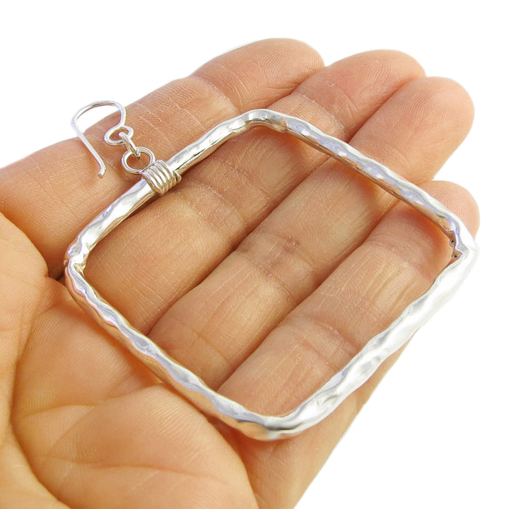 Square Hoops 925 Sterling Silver Heavy Hand Hammered Earrings