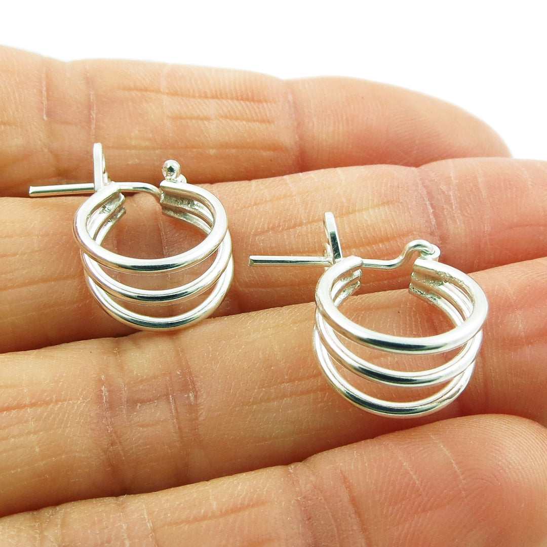 Solid 925 Sterling Silver Triple Hoop Drop Earrings