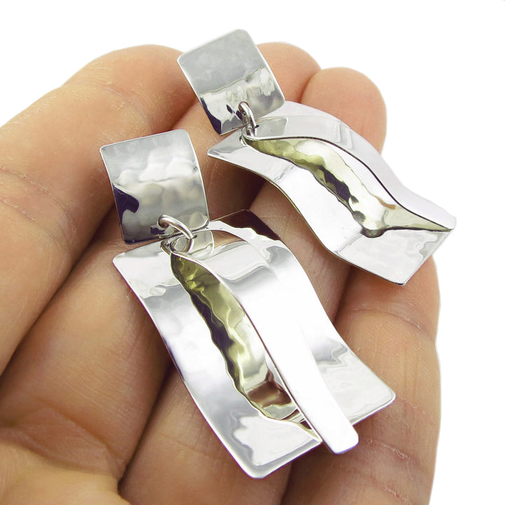 Elegant 925 Sterling Silver Polished and Hammered Rectangle Drop Earrings