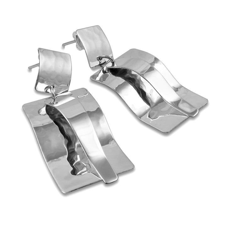 Elegant 925 Sterling Silver Polished and Hammered Rectangle Drop Earrings