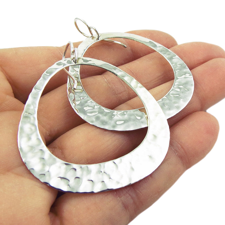 Flat Hammered Hoops 925 Sterling Silver Dangle Earrings