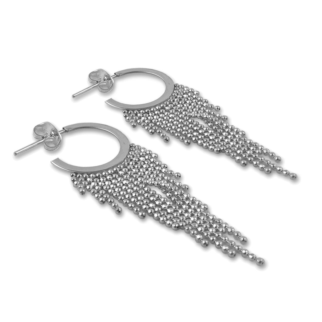 Long Sterling Silver Chain Fringe Hoop Earrings