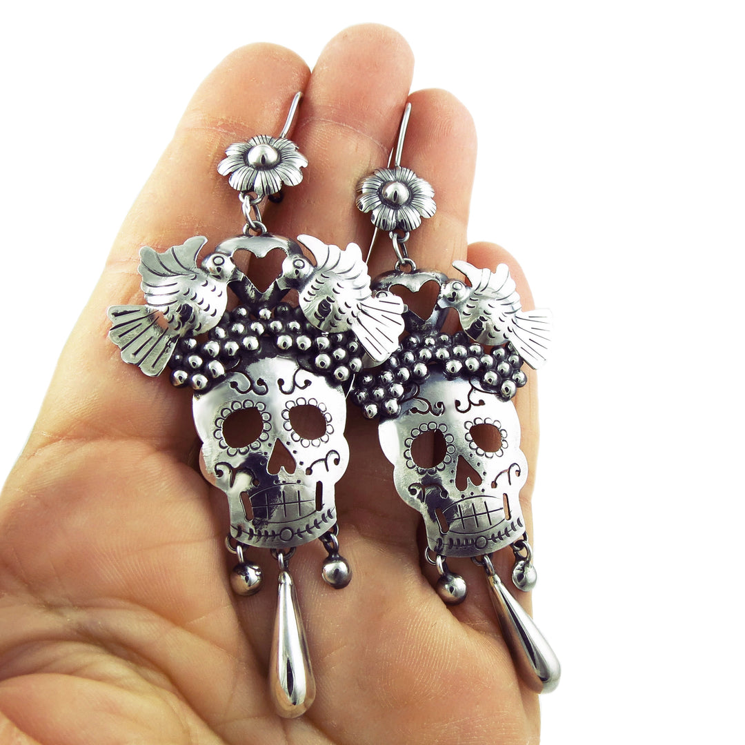 Mexican Day of the Dead Lovebirds and Skull 925 Sterling Silver Earrings