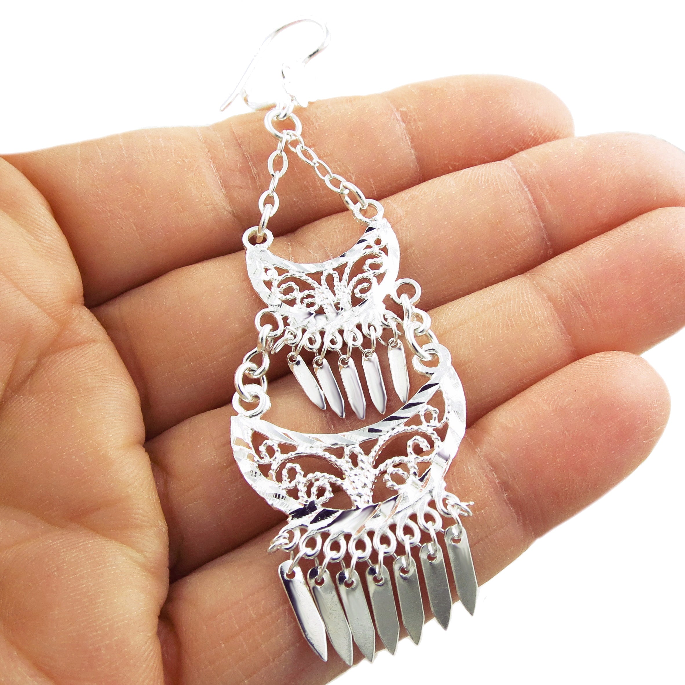 Long Chandelier 925 Sterling Silver Filigree Drop Earrings The