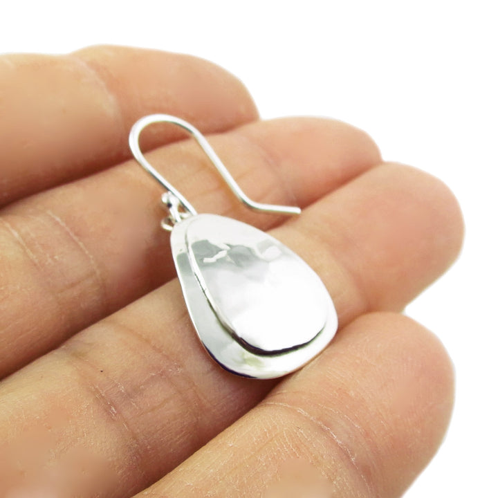 Solid 925 Sterling Silver Polished and Hammered Teadrop Earrings