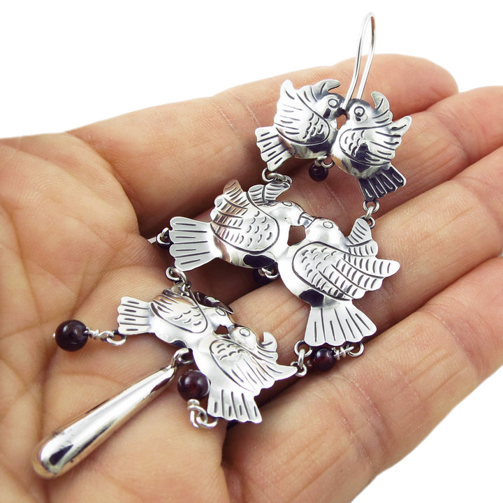 Long Maria Belen 925 Sterling Silver Love Bird Dove Chandelier Earrings