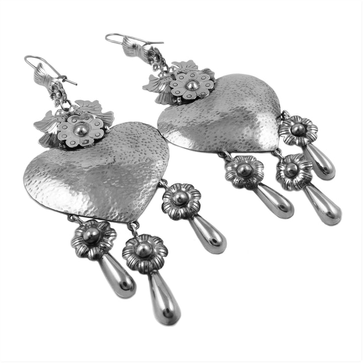 Large Hallmarked 925 Sterling Silver Handmade Heart Chandelier Earrings