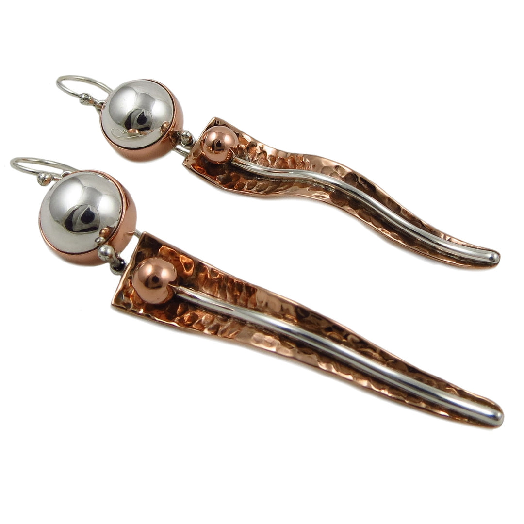 Long Solid 925 Silver and Hammered Copper Earrings