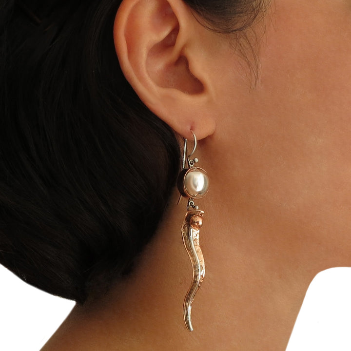 Long Solid 925 Silver and Hammered Copper Earrings