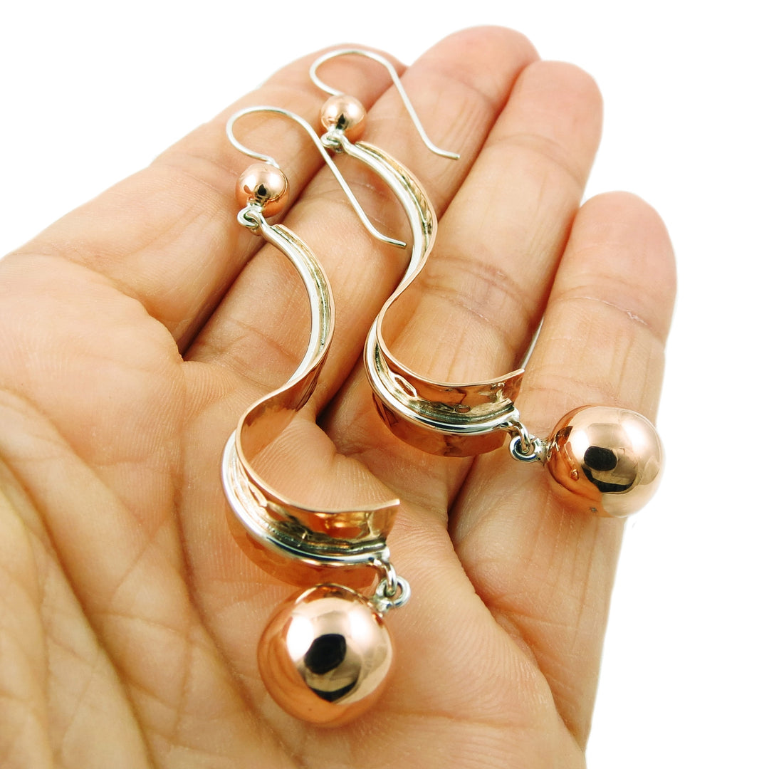 Long 925 Silver and Copper Ball Bead Dangle Earrings for Women