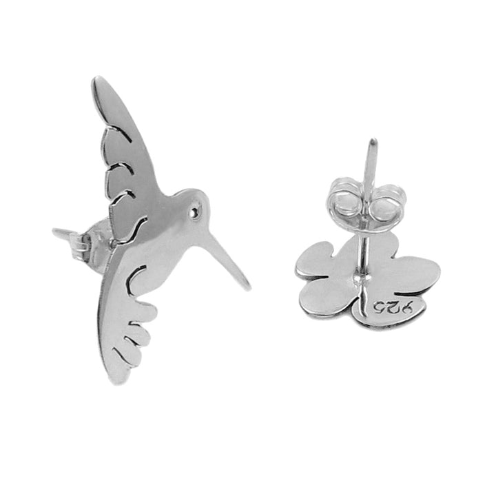 Mismatched Sterling 925 Silver Hummingbird and Flower Earrings