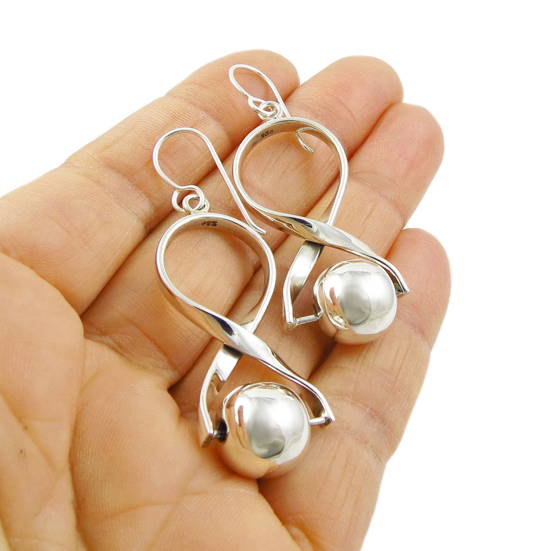 Long 925 Silver Infinity Ball Bead Dangle Earrings