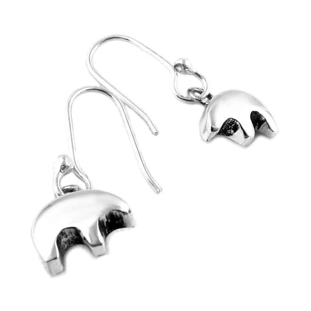 A pair of silver earrings in the shape of bears, with a hook closure, displayed against a white background.