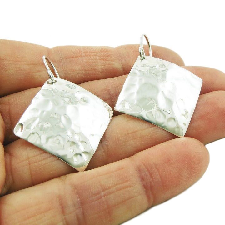 Square 925 Sterling Silver Hammered Drop Earrings