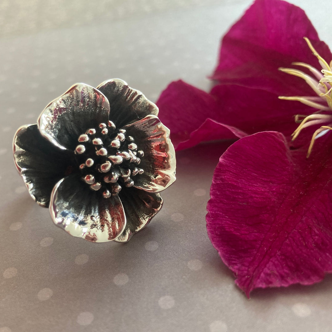 Chunky Sterling Silver Poppy Flower Ring