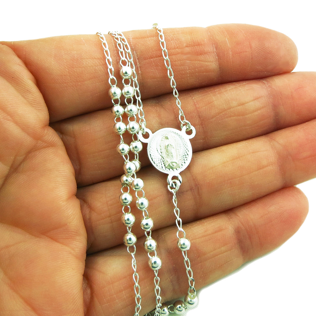 Long 925 Sterling Silver Rosary Beads and Cross Necklace