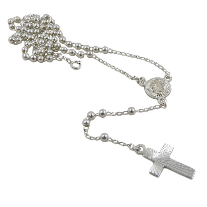 Long 925 Sterling Silver Rosary Beads and Cross Necklace