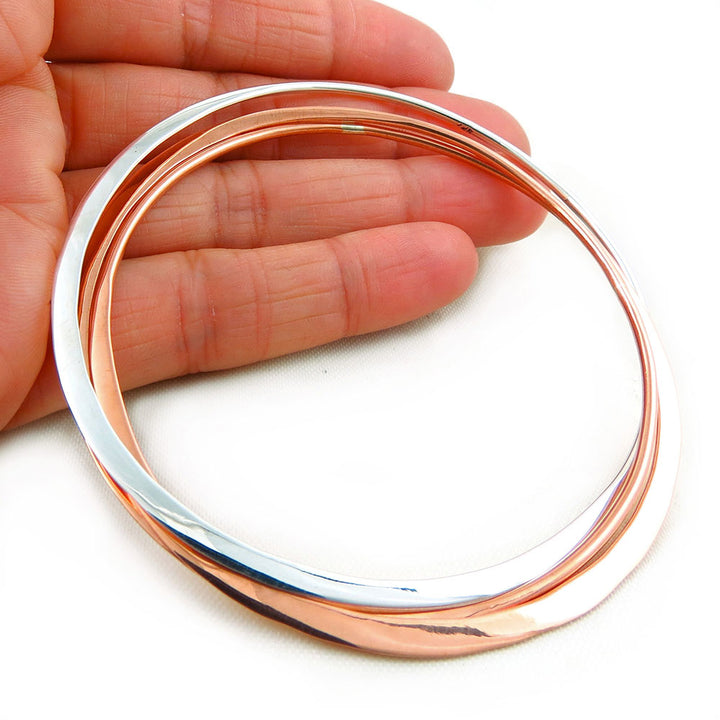 Solid Polished Copper and 925 Silver Handmade Triple Hoop Bangle