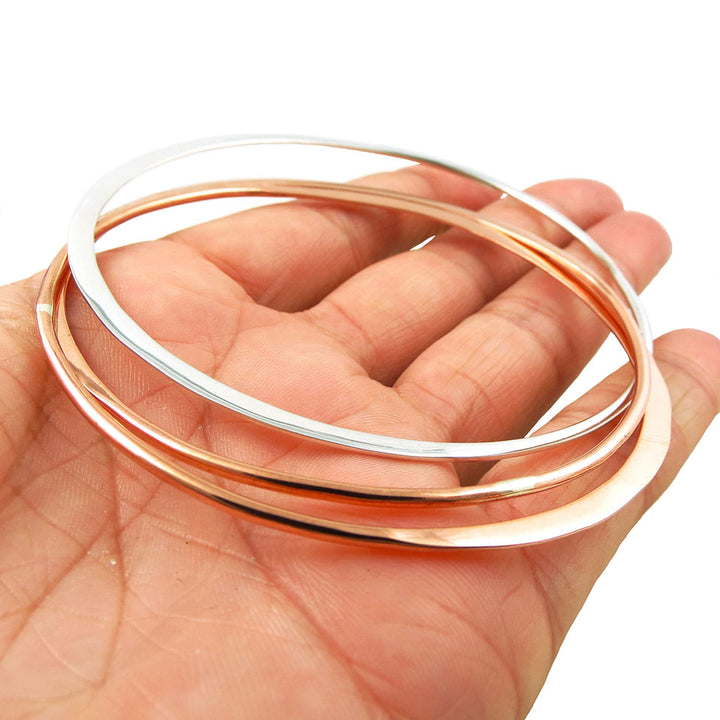 Solid Polished Copper and 925 Silver Handmade Triple Hoop Bangle