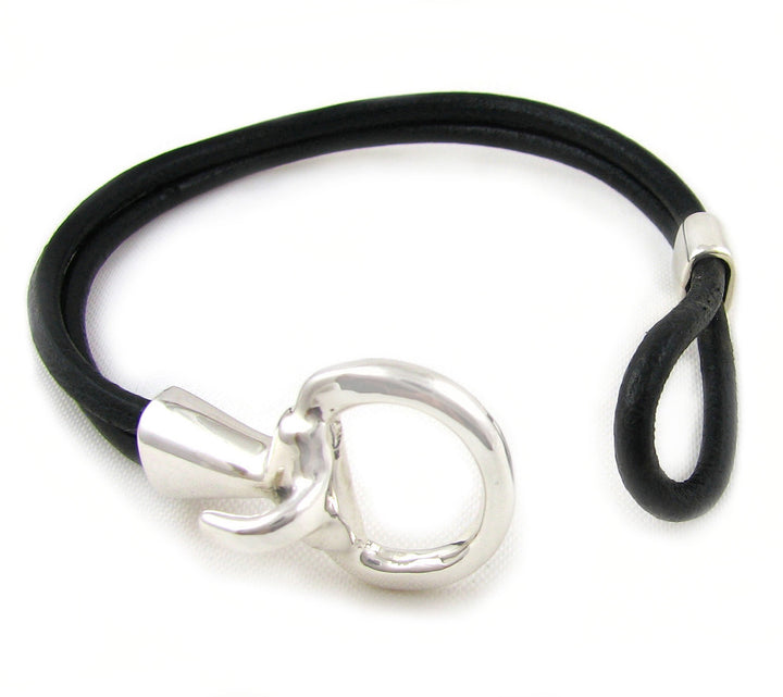 Sterling 925 Silver Horse Bit Snaffle and Black Leather Bracelet