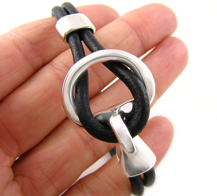 Sterling 925 Silver Horse Bit Snaffle and Black Leather Bracelet