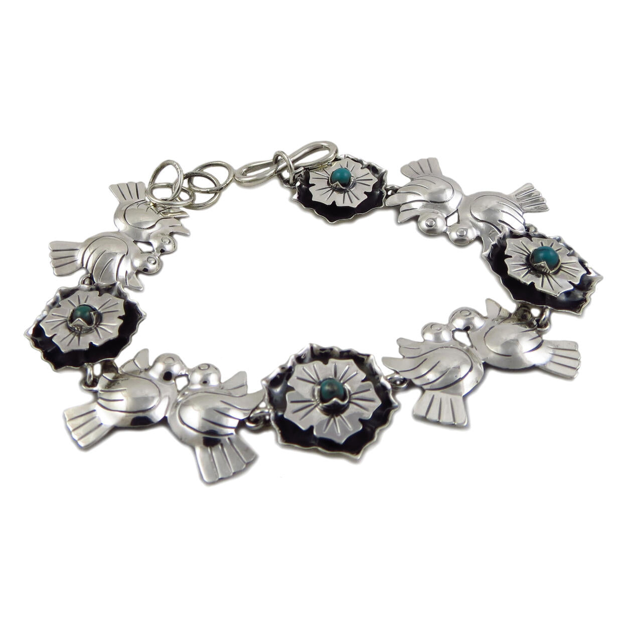 Handmade 925 Sterling Taxco Silver and Turquoise Maria Belen Love Birds  Bracelet