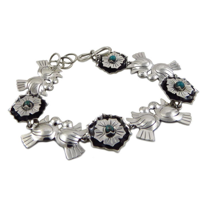 Handmade 925 Sterling Taxco Silver and Turquoise Maria Belen Love Birds Bracelet