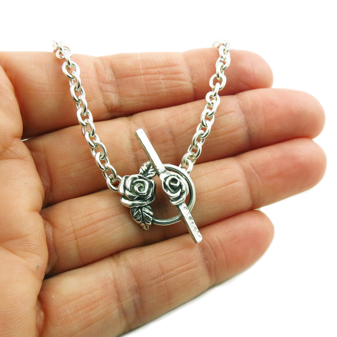 Rose and Leaf 925 Sterling Silver Flower Chain Bracelet