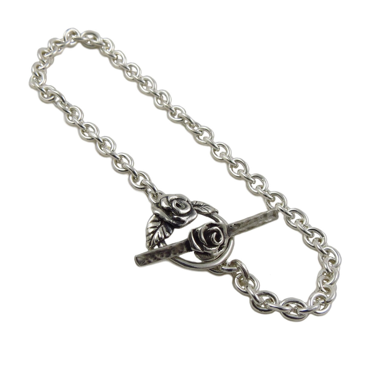 Rose and Leaf 925 Sterling Silver Flower Chain Bracelet The