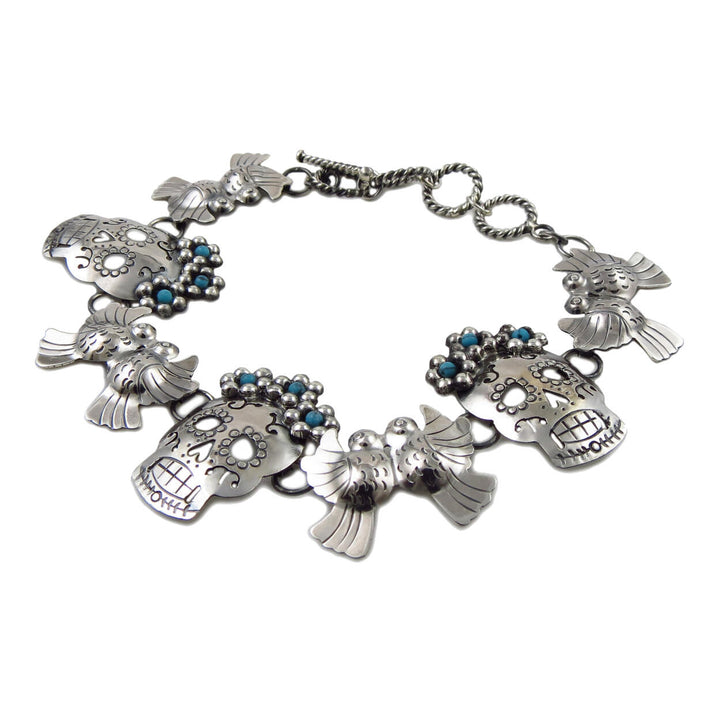 Mexican Day of the Dead Sugar Skull and Doves 925 Sterling Silver Bracelet