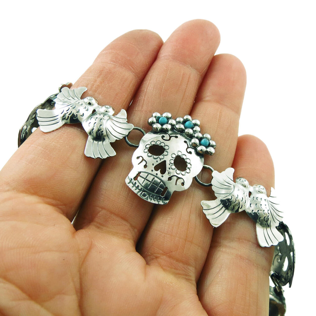 Mexican Day of the Dead Sugar Skull and Doves 925 Sterling Silver Bracelet