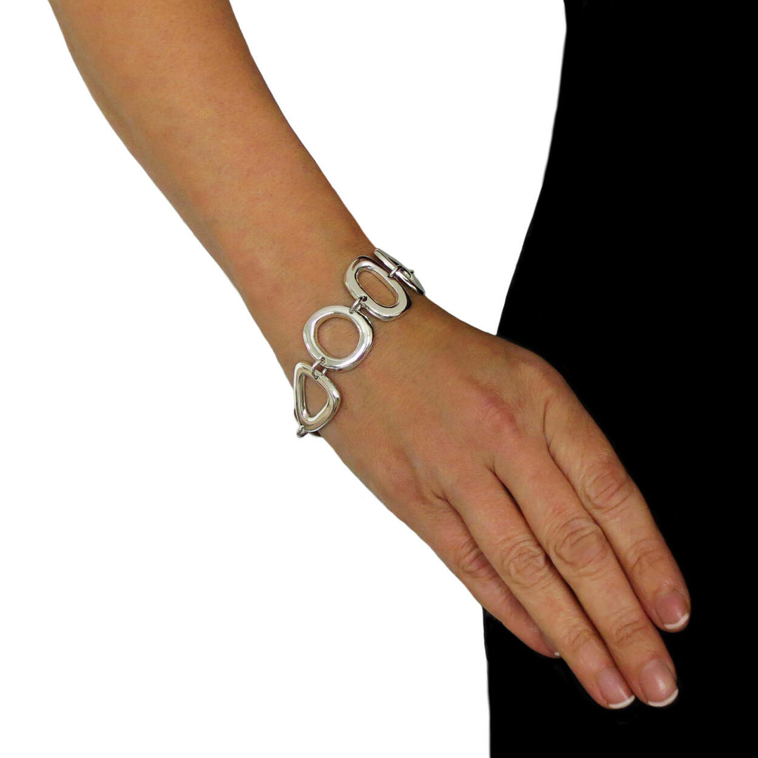 Wide Polished 925 Sterling Silver Circle Triangle Oval Geometric Bracelet