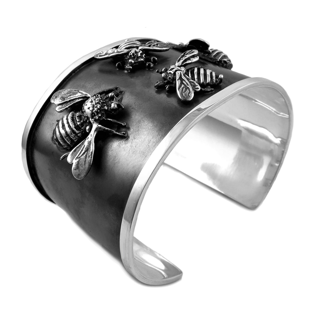 Wide Solid Sterling Silver Bee Insect Bracelet Cuff