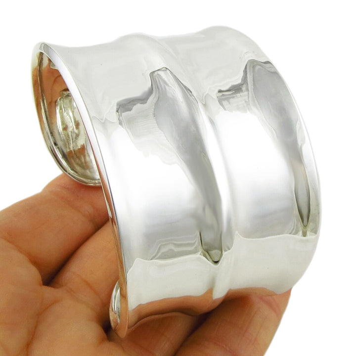 Wide Ridged 925 Sterling Silver Bracelet Cuff