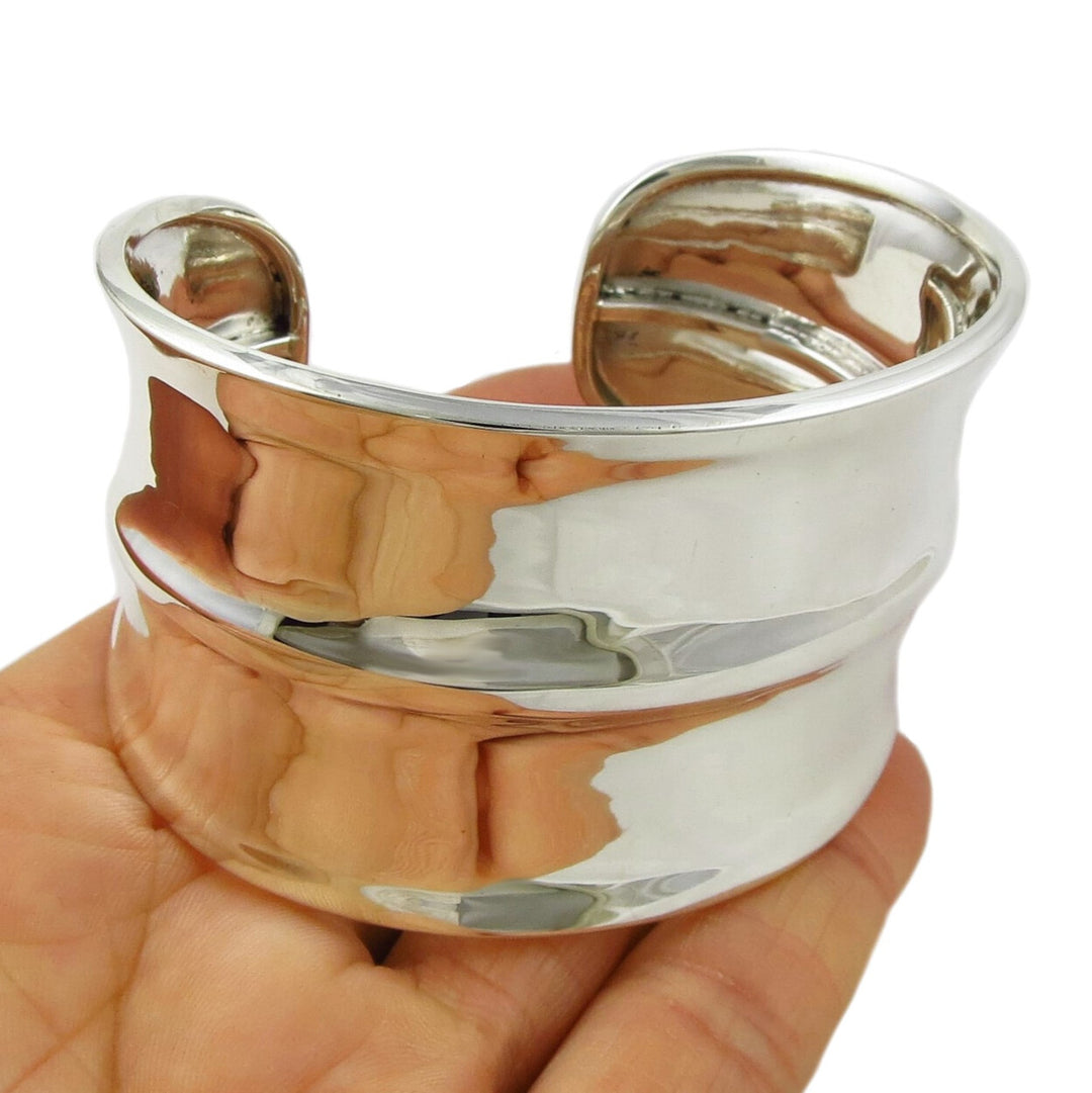 Wide Ridged 925 Sterling Silver Bracelet Cuff