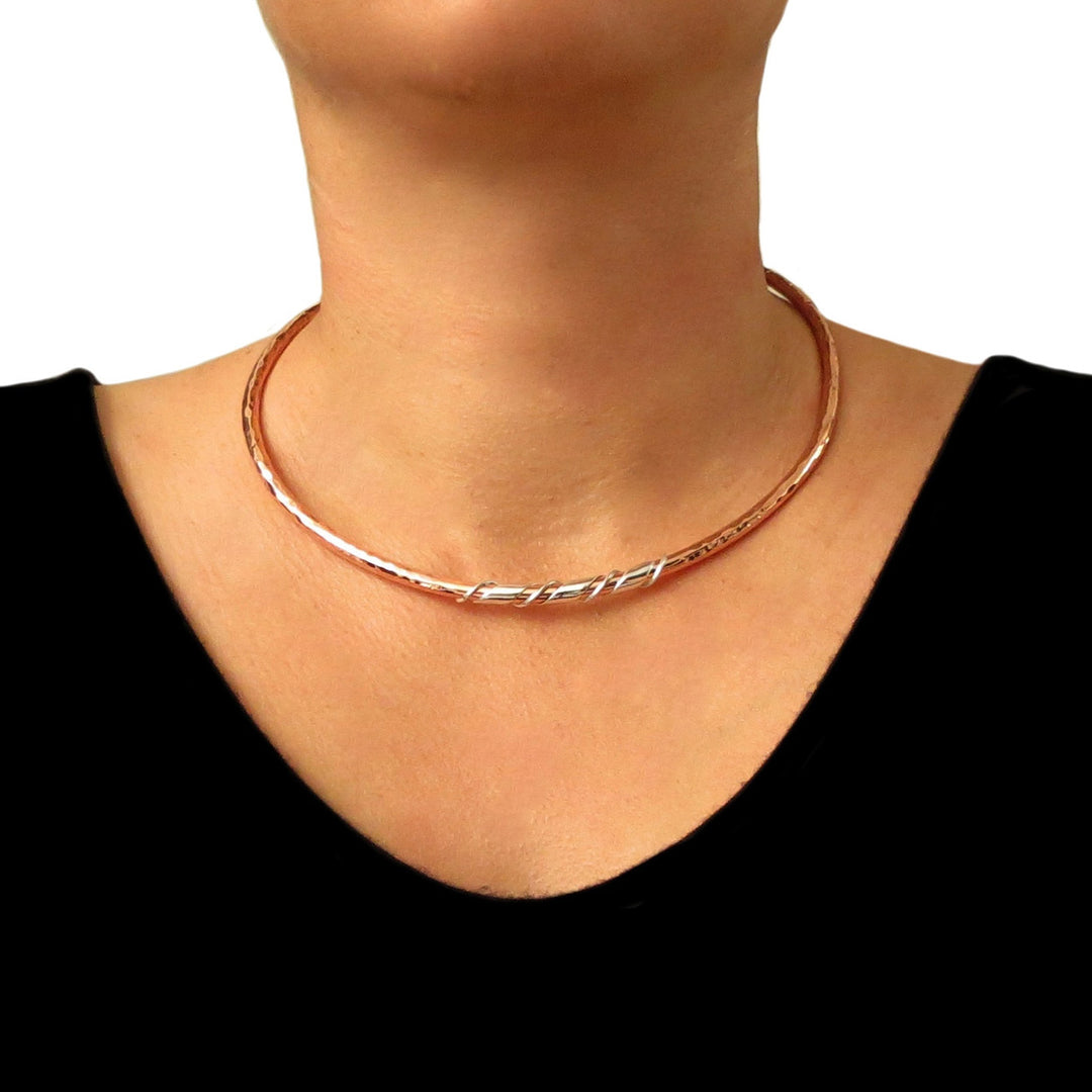 Solid Hammered Copper and 925 Silver Choker Torc