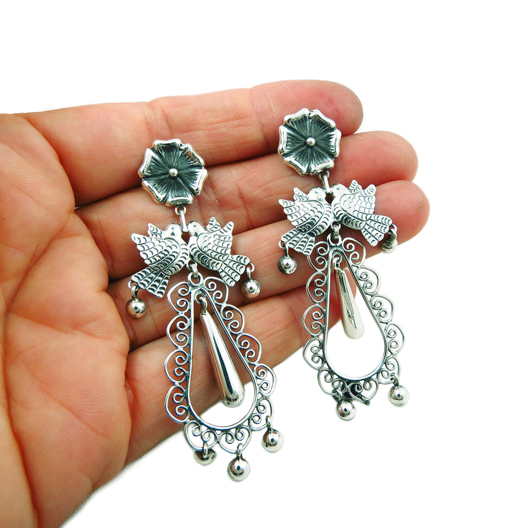 Maria Belen Handmade 925 Sterling Taxco Silver Love Bird Chandelier Drop Earrings