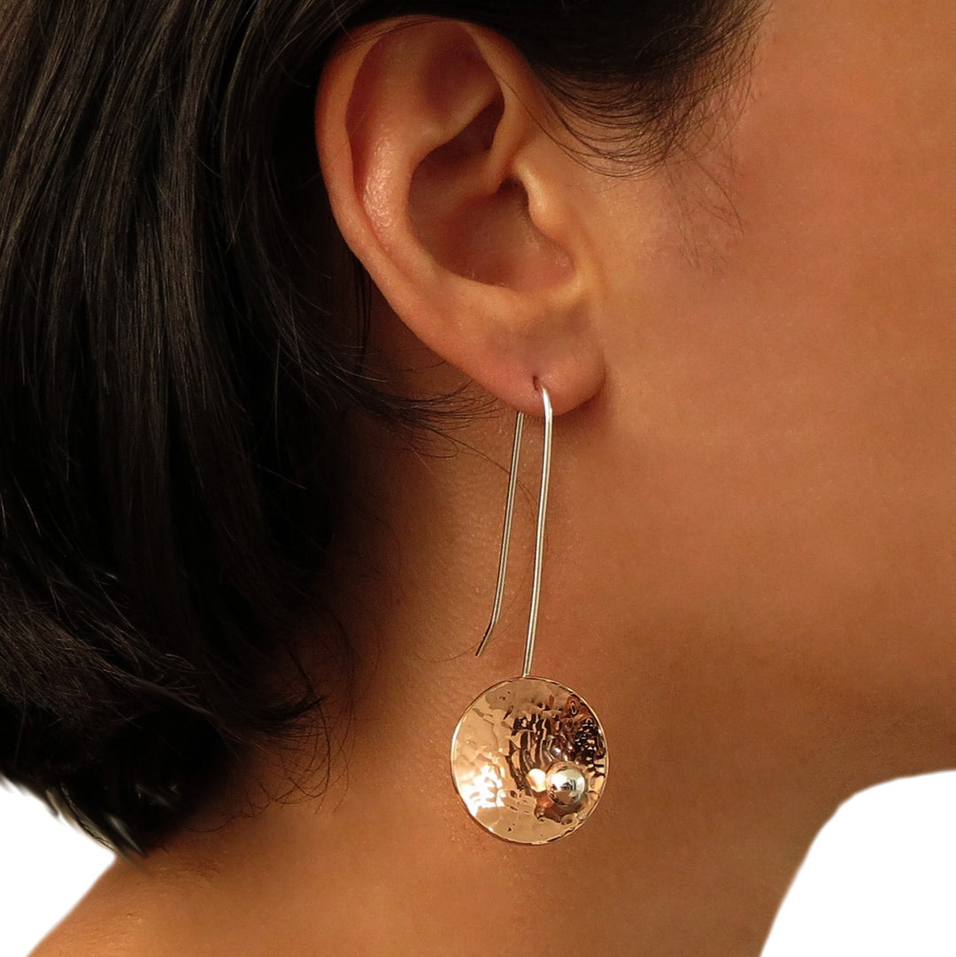 Long Guillermo Arregui Handmade Copper and 925 Silver Threader Circle Drop Earrings