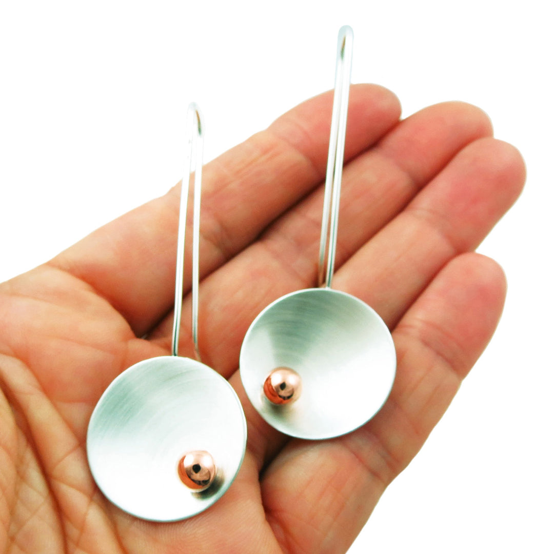 Long Handmade Solid 925 Silver and Copper Threader Circle Drop Earrings