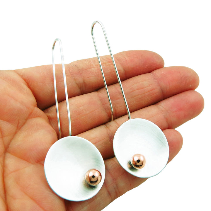 Long Handmade Solid 925 Silver and Copper Threader Circle Drop Earrings
