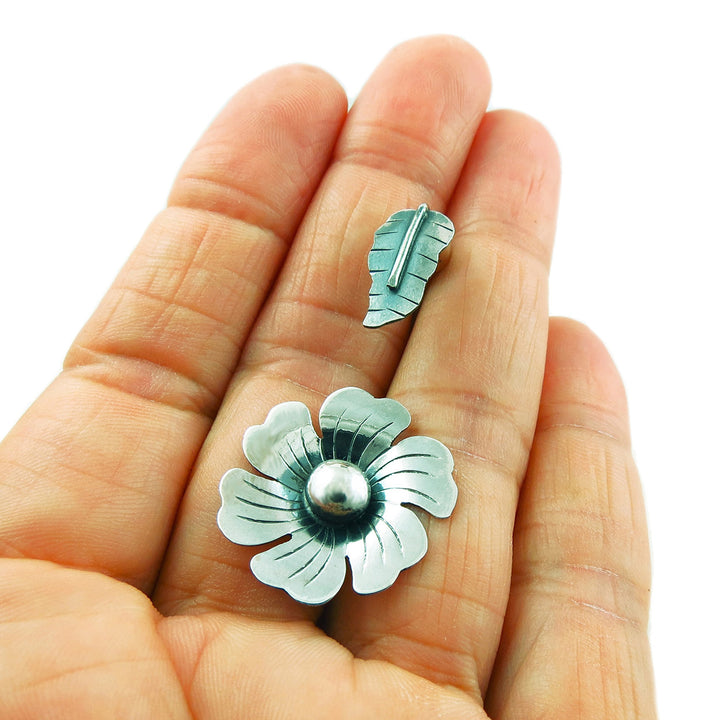 Handmade 925 Sterling Silver Flower and Leaf Drop Earrings for Women
