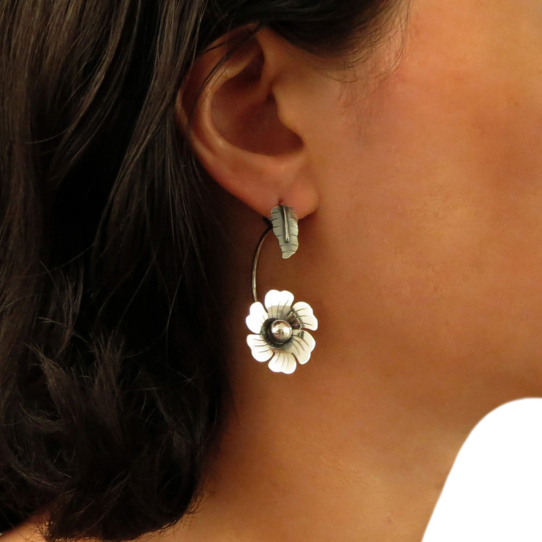 Handmade 925 Sterling Silver Flower and Leaf Drop Earrings for Women