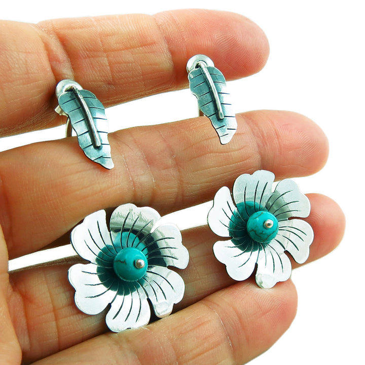 Handmade 925 Sterling Silver Flower and Leaf Drop Earrings