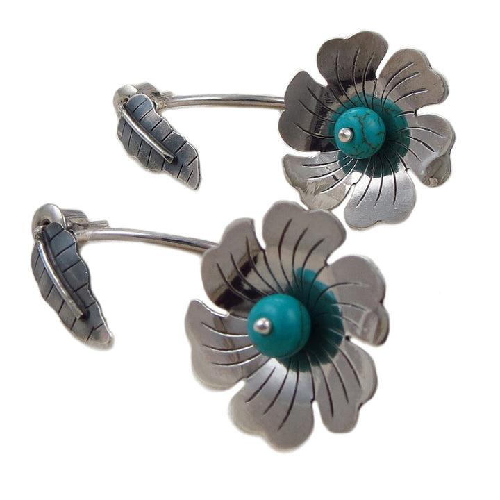 Handmade 925 Sterling Silver Flower and Leaf Drop Earrings