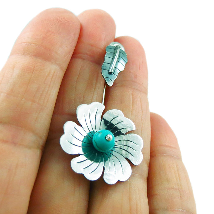 Handmade 925 Sterling Silver Flower and Leaf Drop Earrings