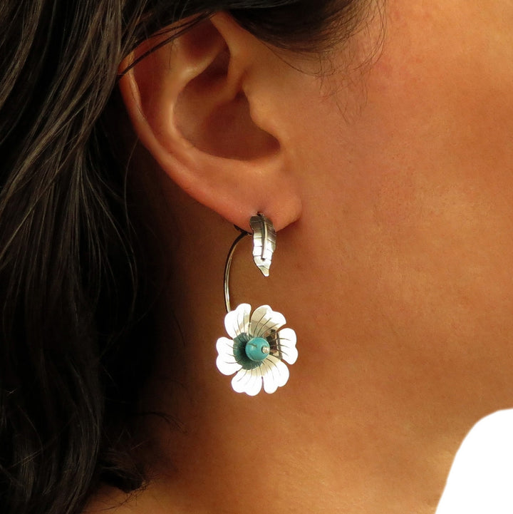 Handmade 925 Sterling Silver Flower and Leaf Drop Earrings